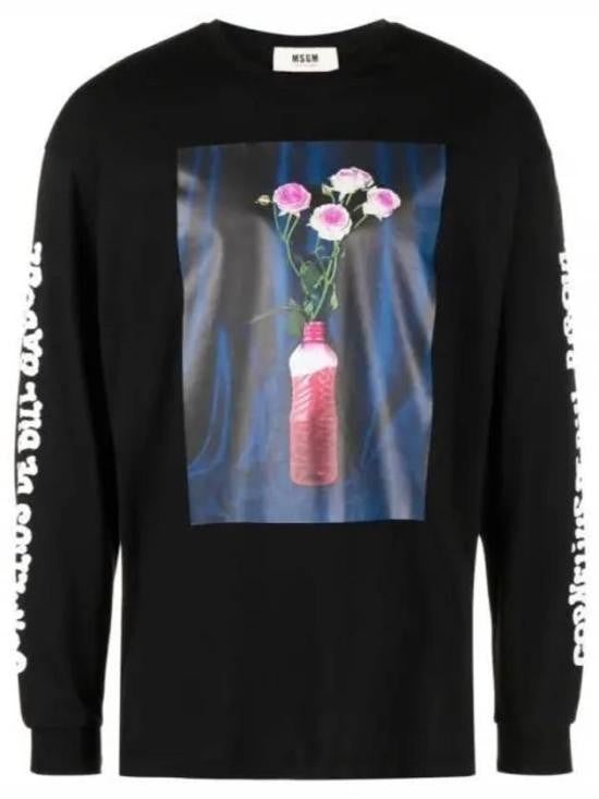 Msgm Long-Sleeve Black Graphic T-Shirt With Floral Design