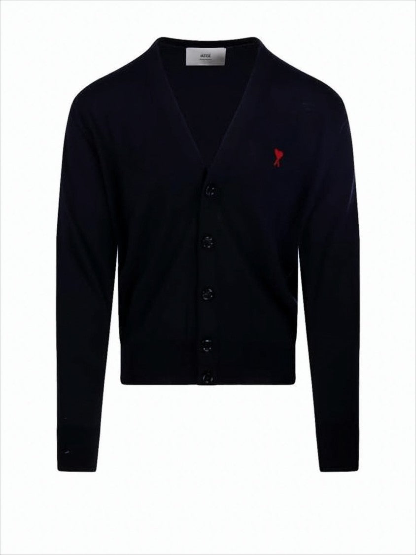 Ami V-Neck Black Merino Wool Cardigan With Signature Logo