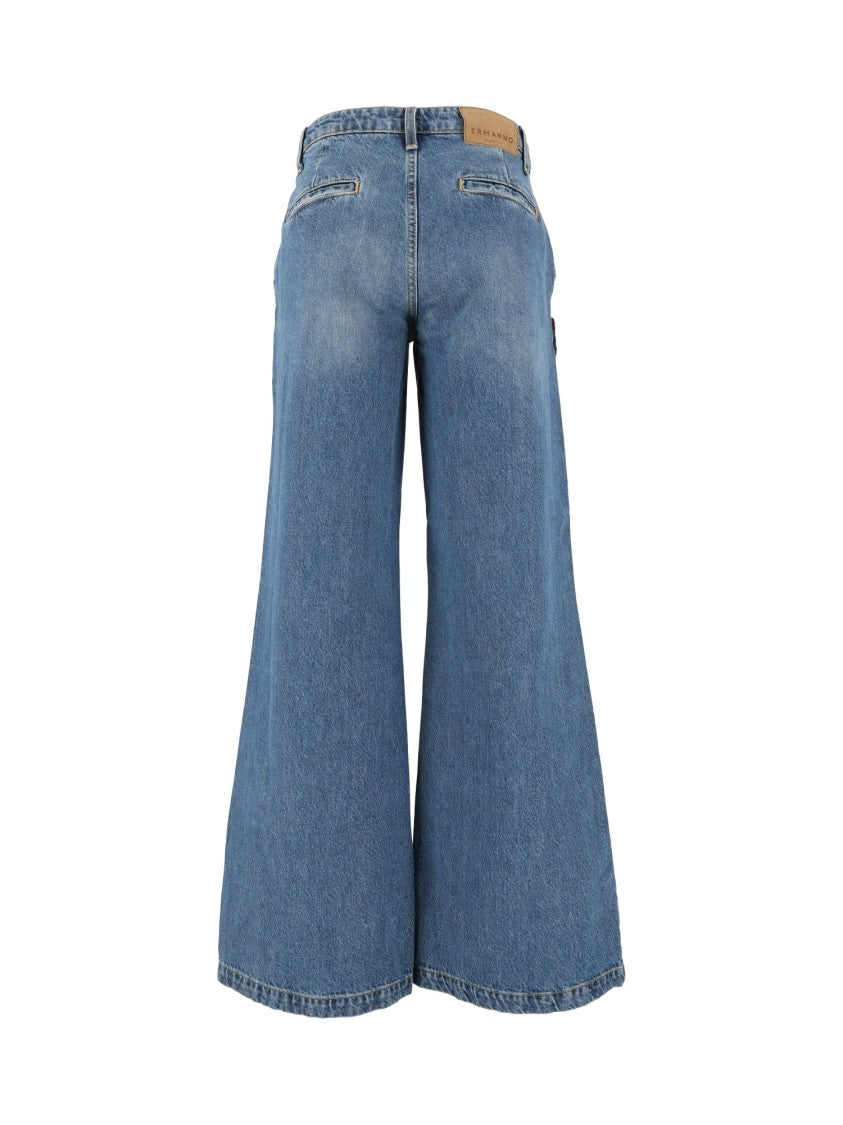 Ermanno Scervino High-Waisted Floral Applique Wide-Leg Jeans