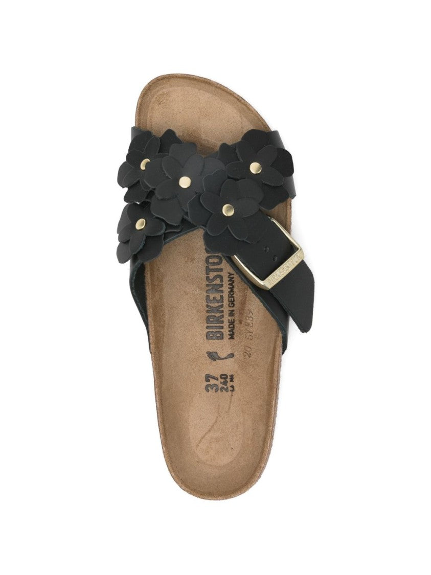 Birkenstock Contoured Calf Leather Sandals With Floral Appliqués And Adjustable Buckle