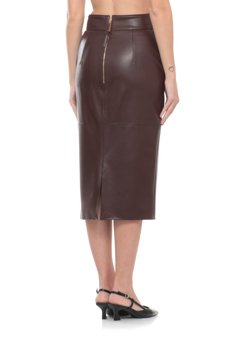 Elisabetta Franchi Fitted Brown Leather Midi Skirt With Logo Embossing