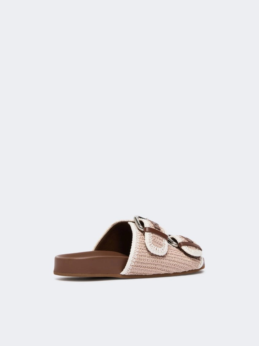 Max Mara Beige Woven Slide Sandals With Silver Buckle Accents