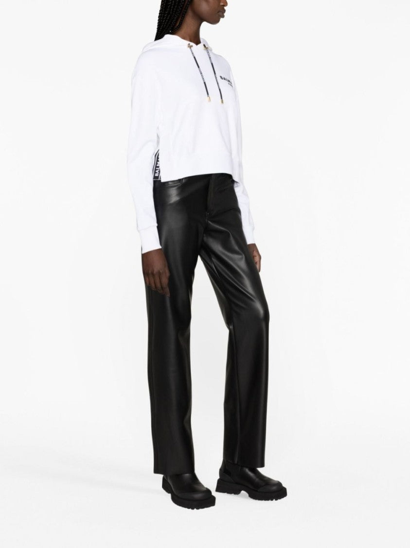 Balmain Flocked-Logo Cropped Hoodie