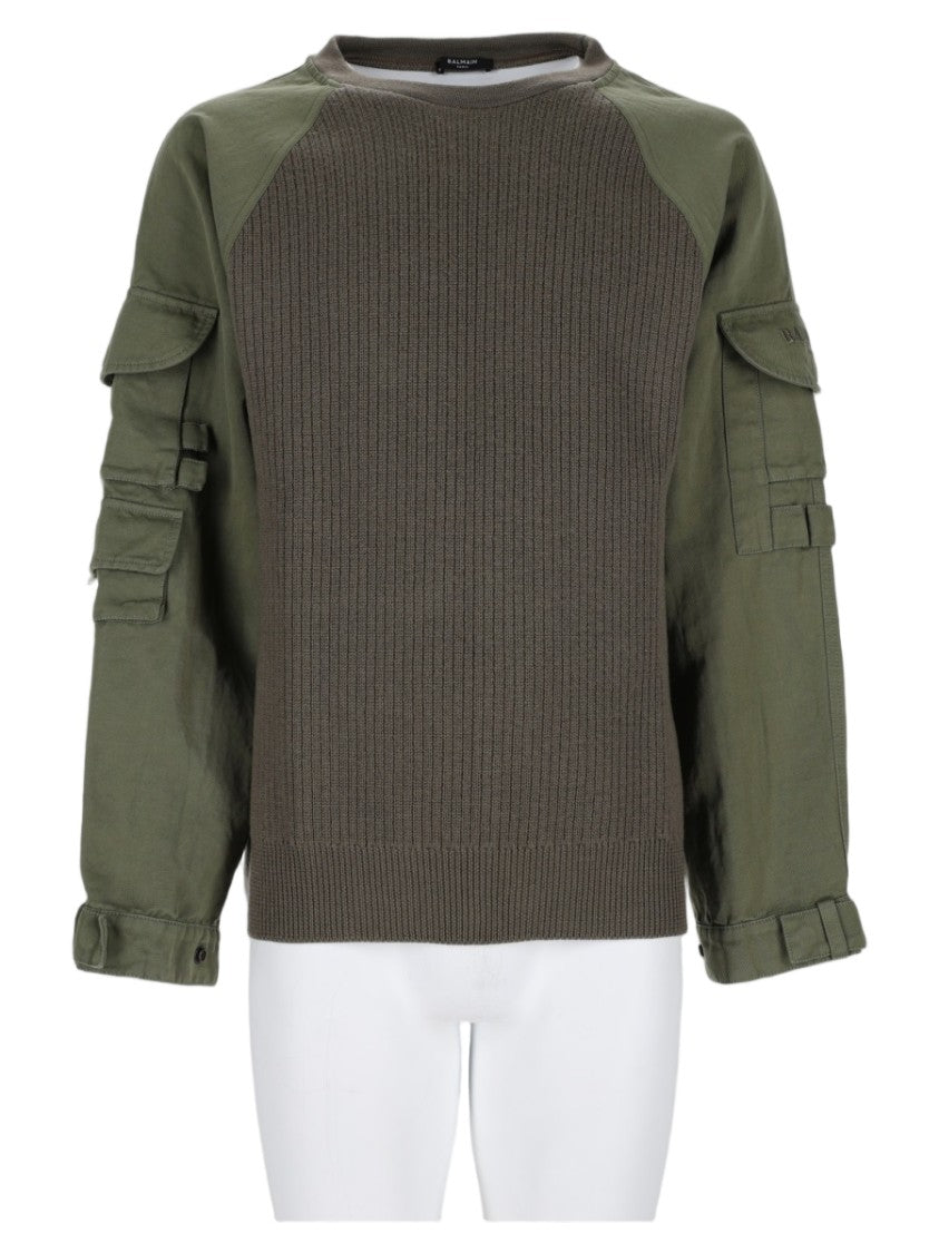 Balmain Ribbed Knit Sweater With Olive Green Sleeves And Flap Pockets