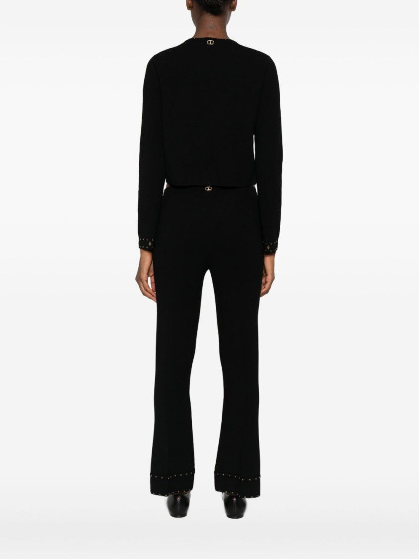 Twin-Set Cropped Black Cardigan With Metallic Eyelet Detailing