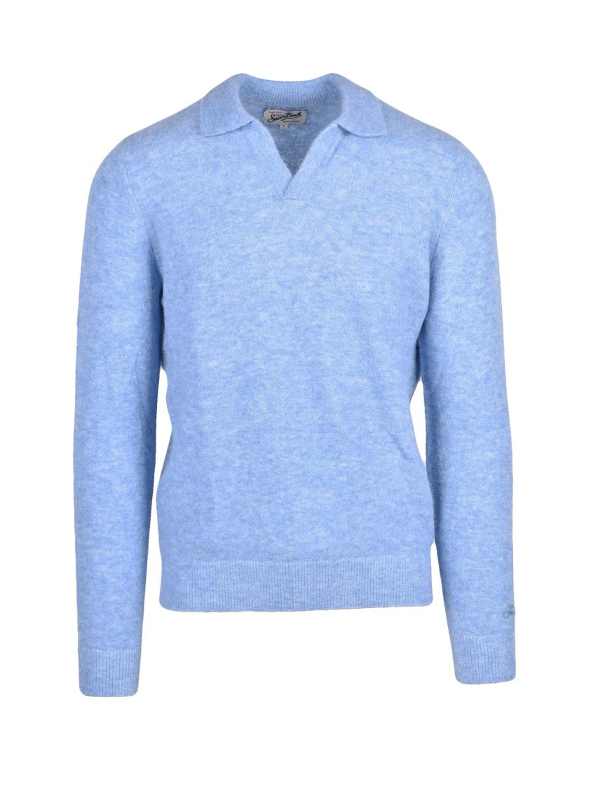 Mc2 Saint Barth Light Blue Textured V-Neck Alpaca-Blend Polo Shirt