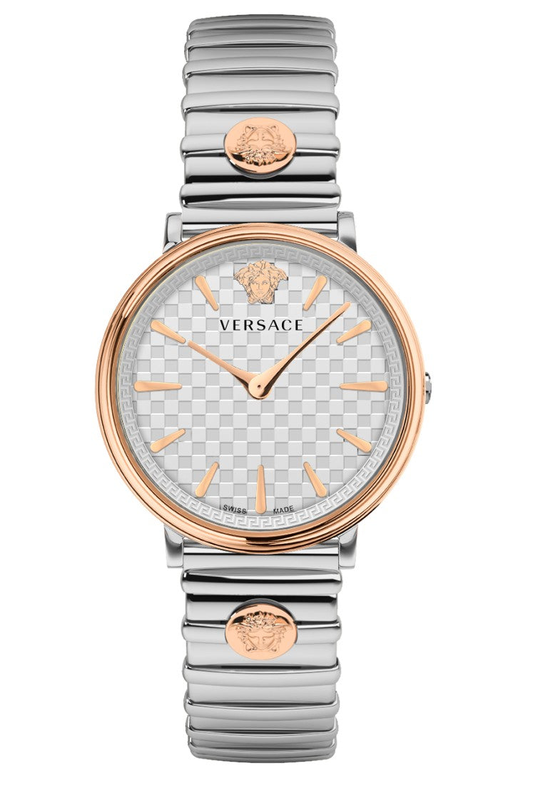 Versace Oval Silver-Tone Dial Watch With Gold Accents And Expandable Bracelet