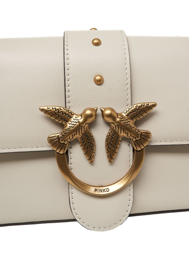 Pinko Minimalist White Leather Crossbody Bag With Metallic Bird Accents