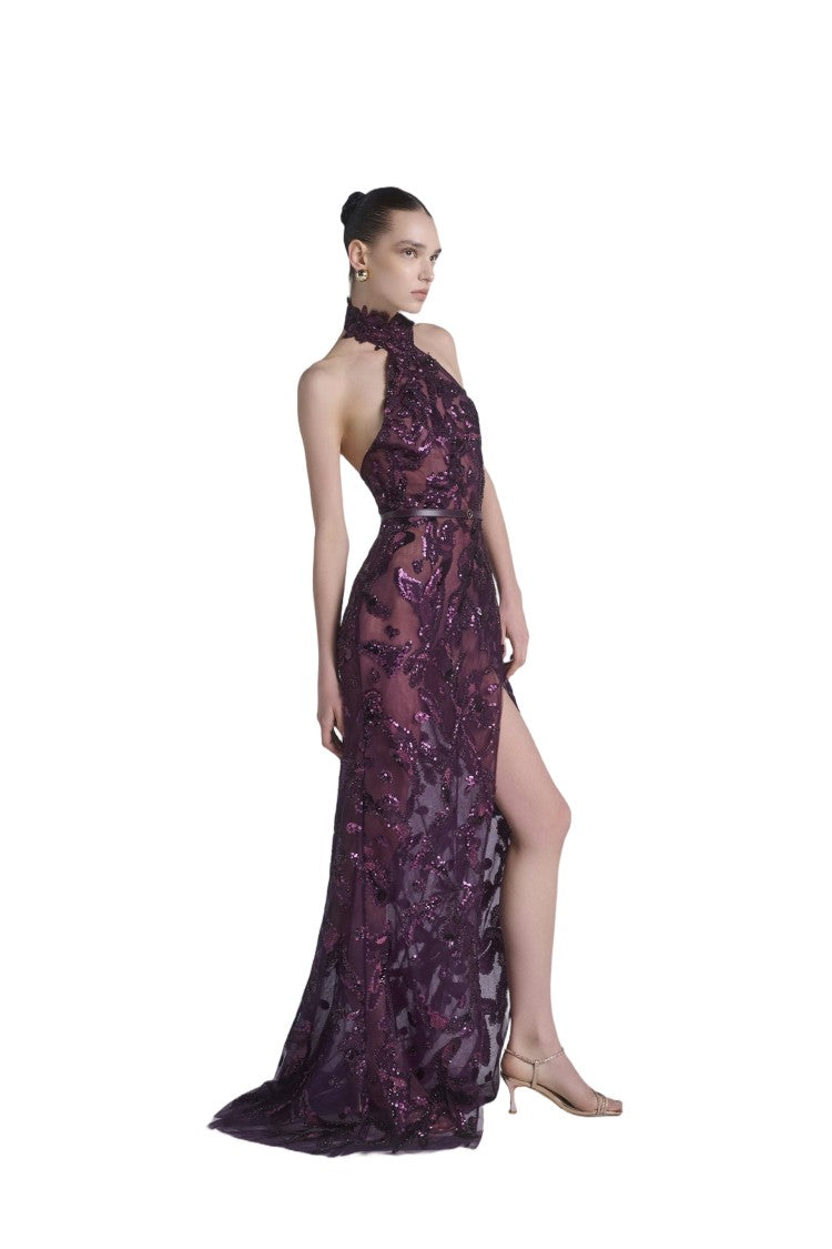 Saiid Kobeisy Halter Neck Embroidered Tulle Dress