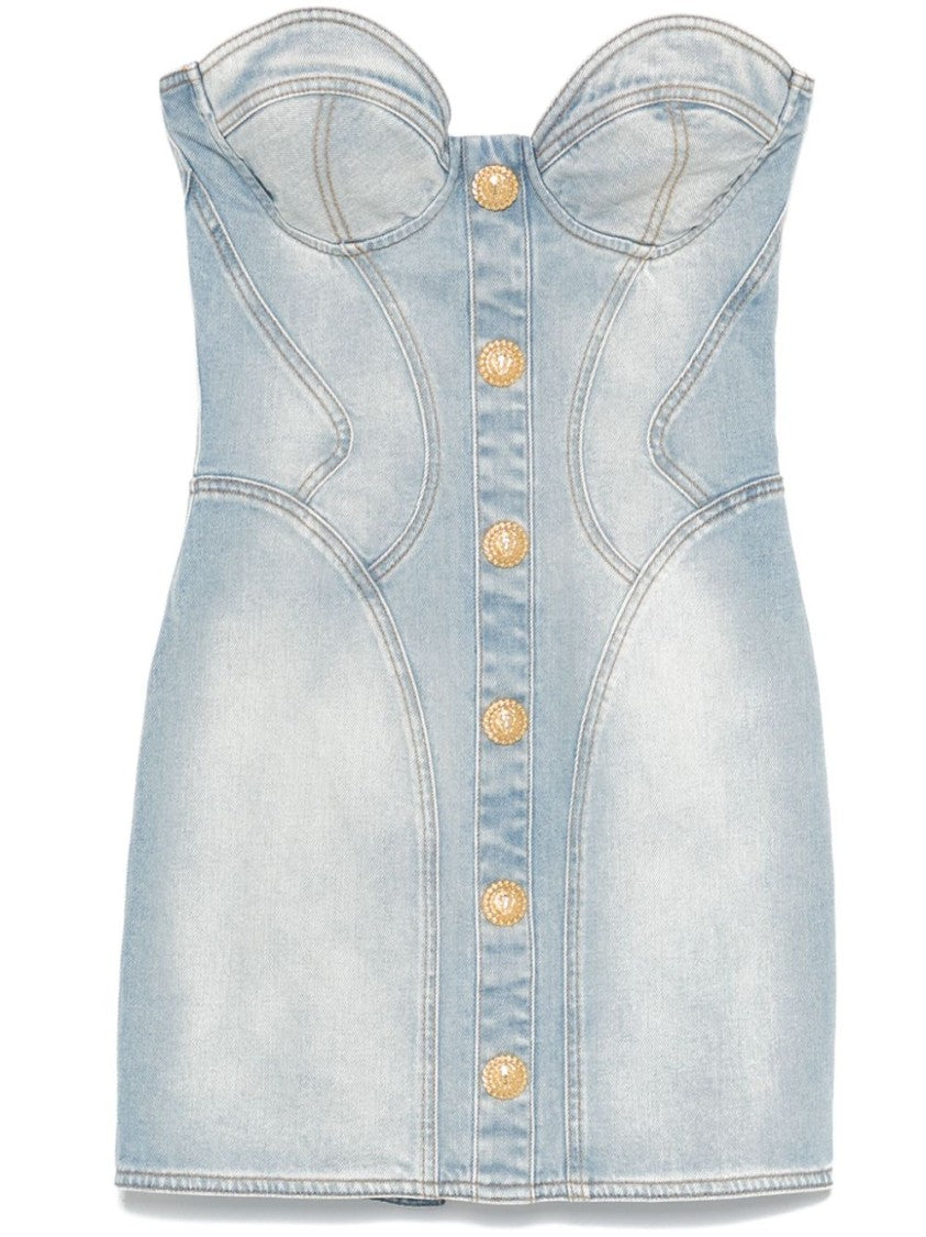 Balmain Light Blue Strapless Sweetheart Neck Dress