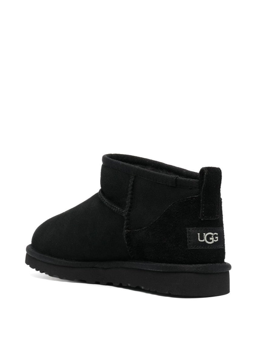 Ugg Black Classic Ultra Mini Plush Lined Leather Ankle Boots