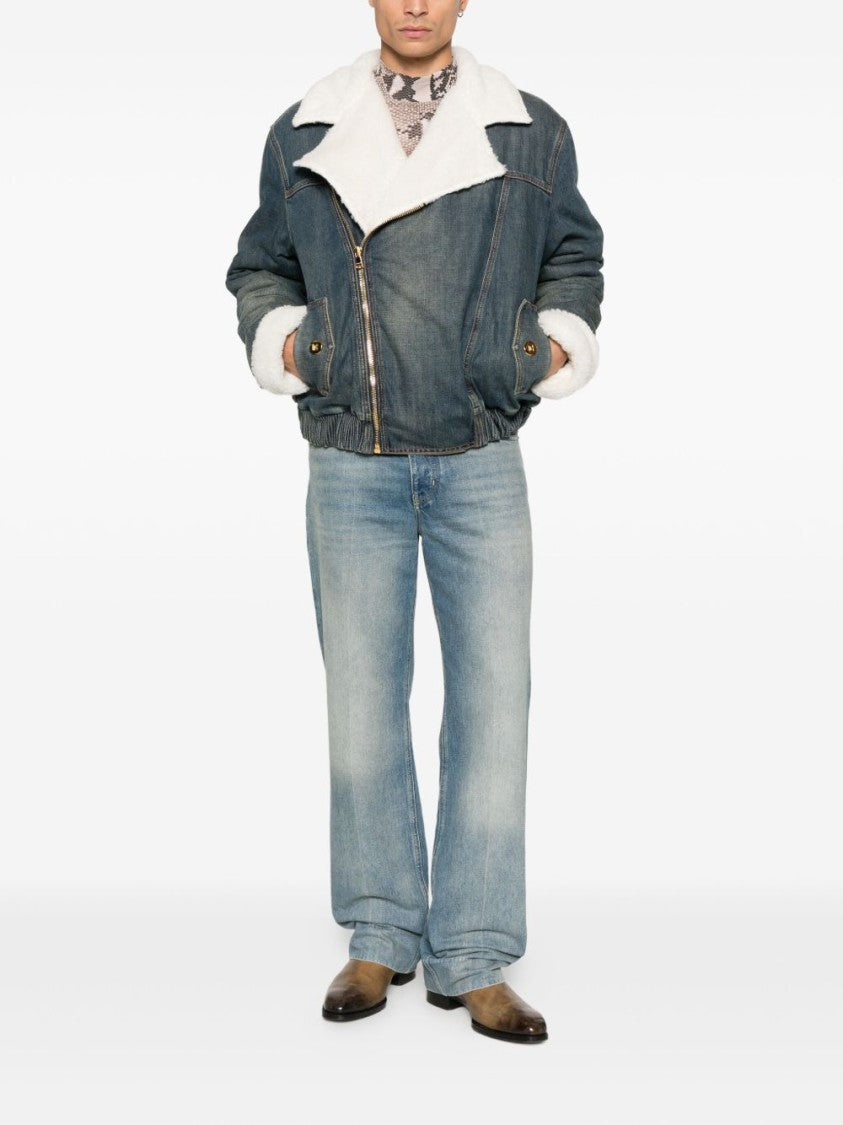Balmain Blue Denim Shearling Collar Zip Jacket