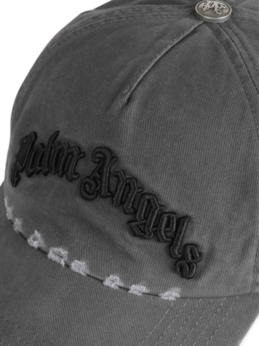 Palm Angels Washed Gray Cotton Cap With Gothic Embroidery