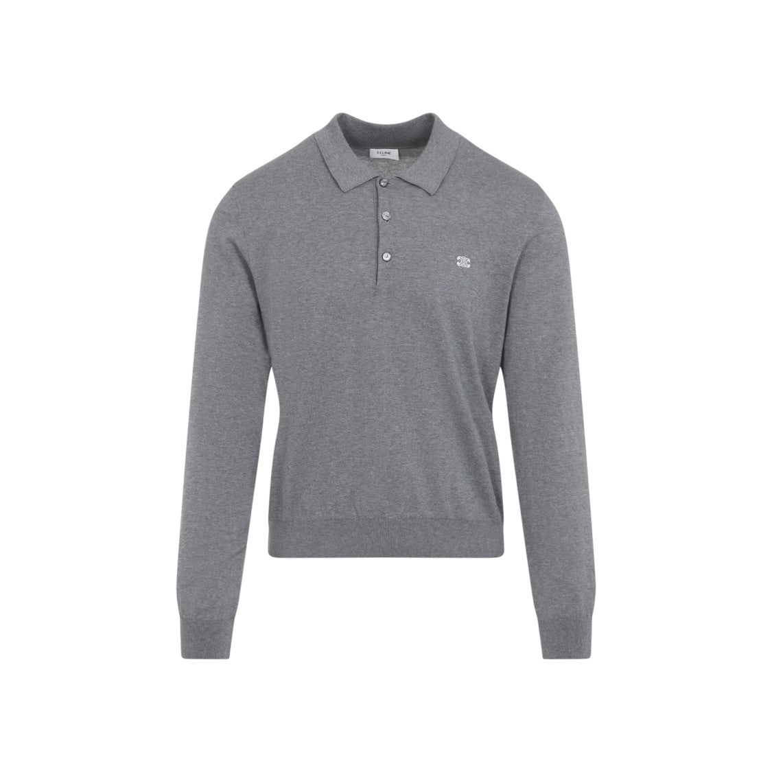 Celine Medium Grey Cotton Polo Sweater With Classic Collar And Embroidered Logo
