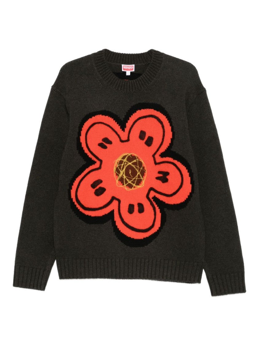 Kenzo Dark Green Wool Jumper With Bright Floral Embellishment