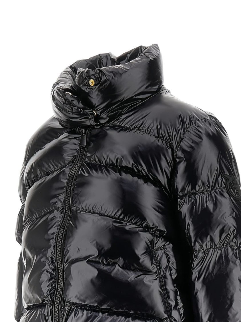 Pinko Cropped Black Down Coat With Glossy Finish And High Collar