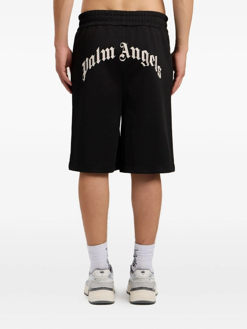 Palm Angels Mid-Length Black Track Shorts With Curved Logo Print