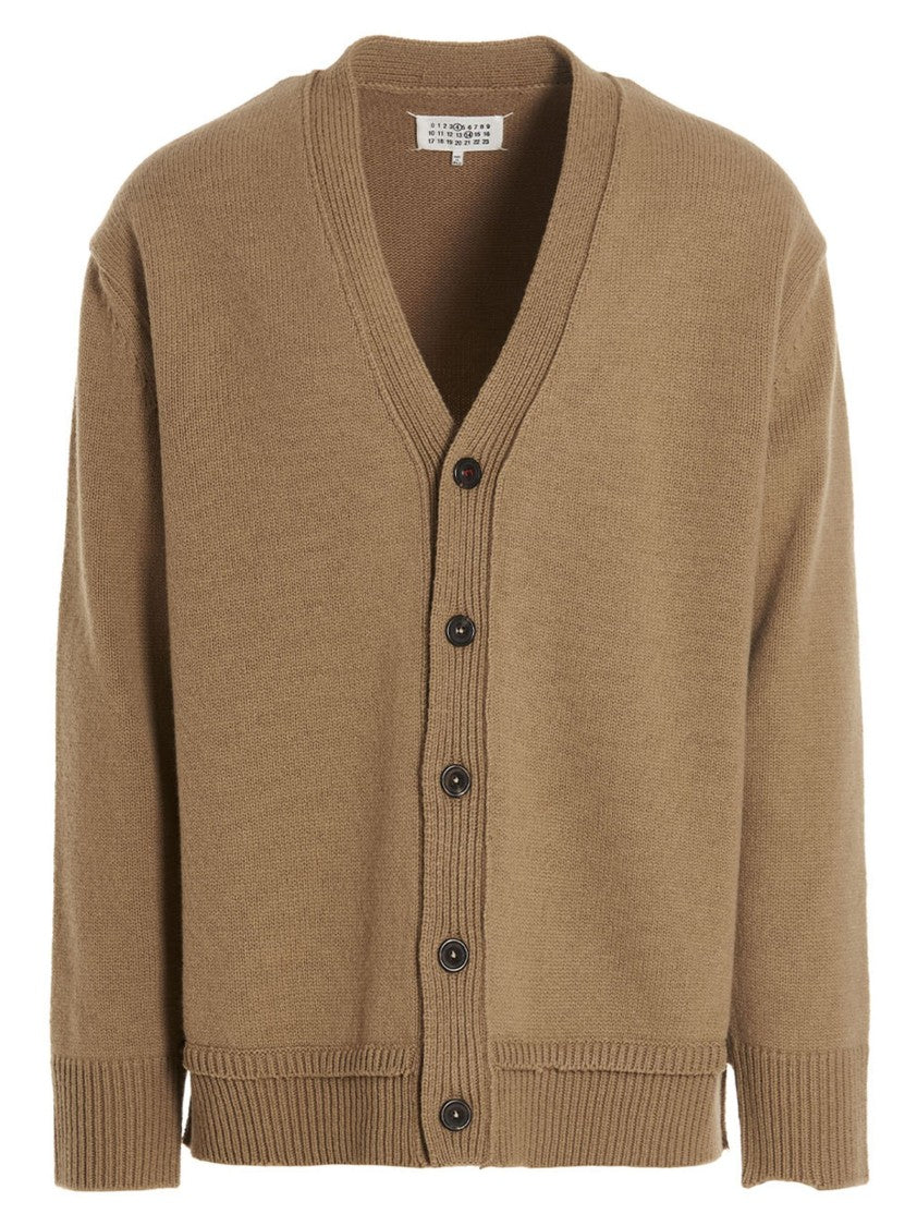 Maison Margiela Brown Wool-Linen-Cotton Blend Cardigan With Suede Elbow Patches