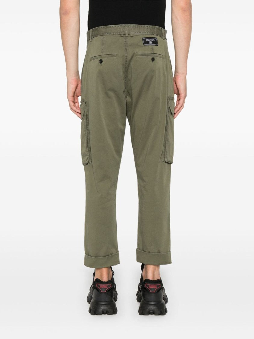 Balmain Olive Green Belted Waist Slit Trousers