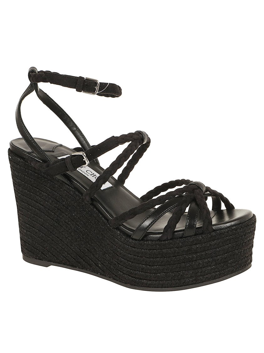 Jimmy Choo Woven Intrecciato Sandal With 100 Mm Raffia Wedge