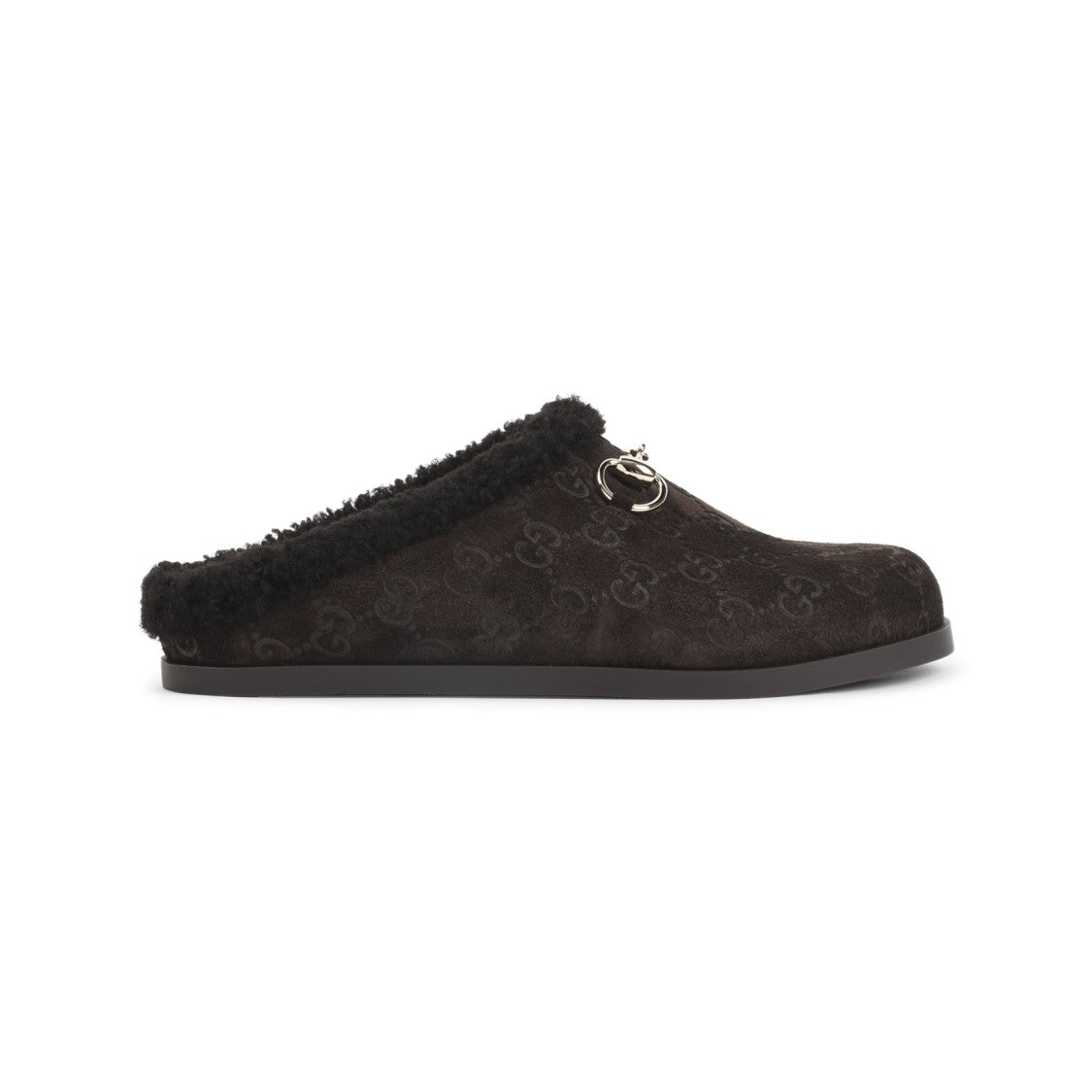 Gucci Soft Suede And Shearling Slip-On Mules With Metallic Detail
