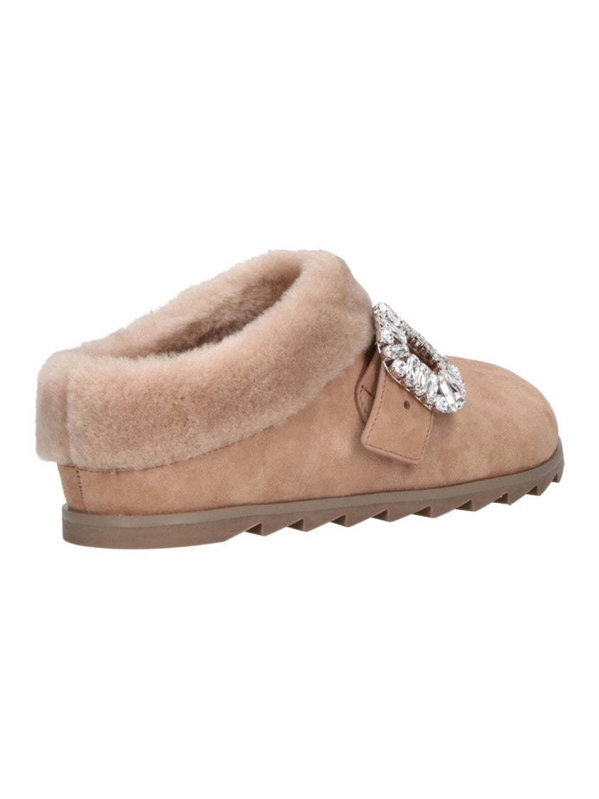 Roger Vivier Brown Slidy Viv Suede Shearling Mules