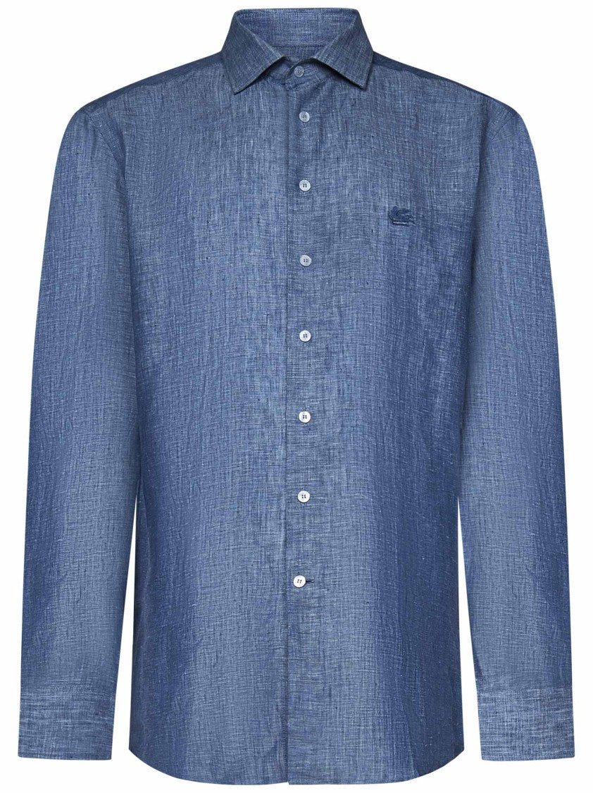 Etro Tailored Blue Linen Shirt With Logo Embroidery