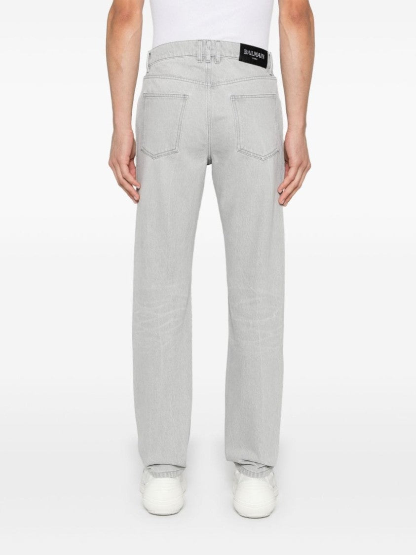 Balmain Light Grey Distressed Denim Trousers