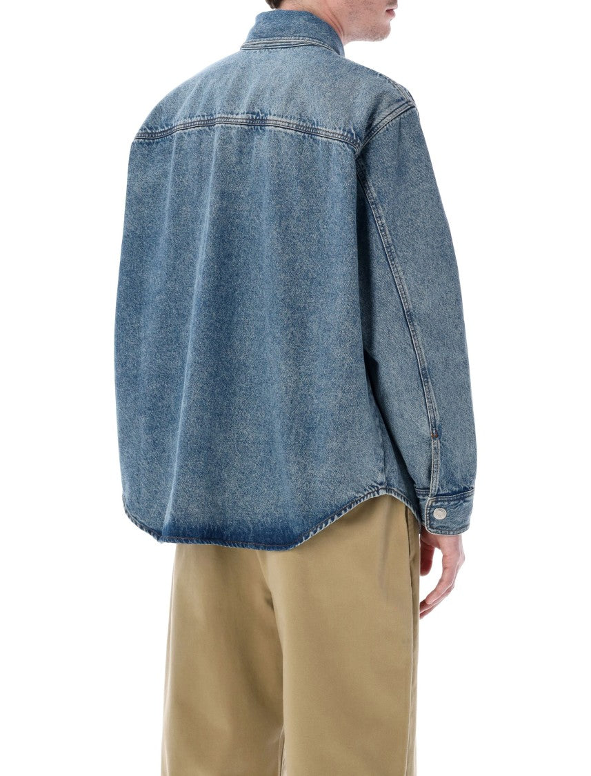 Ami Paris Indigo Cotton Denim Shirt Jacket With Hand-Crocheted Patch