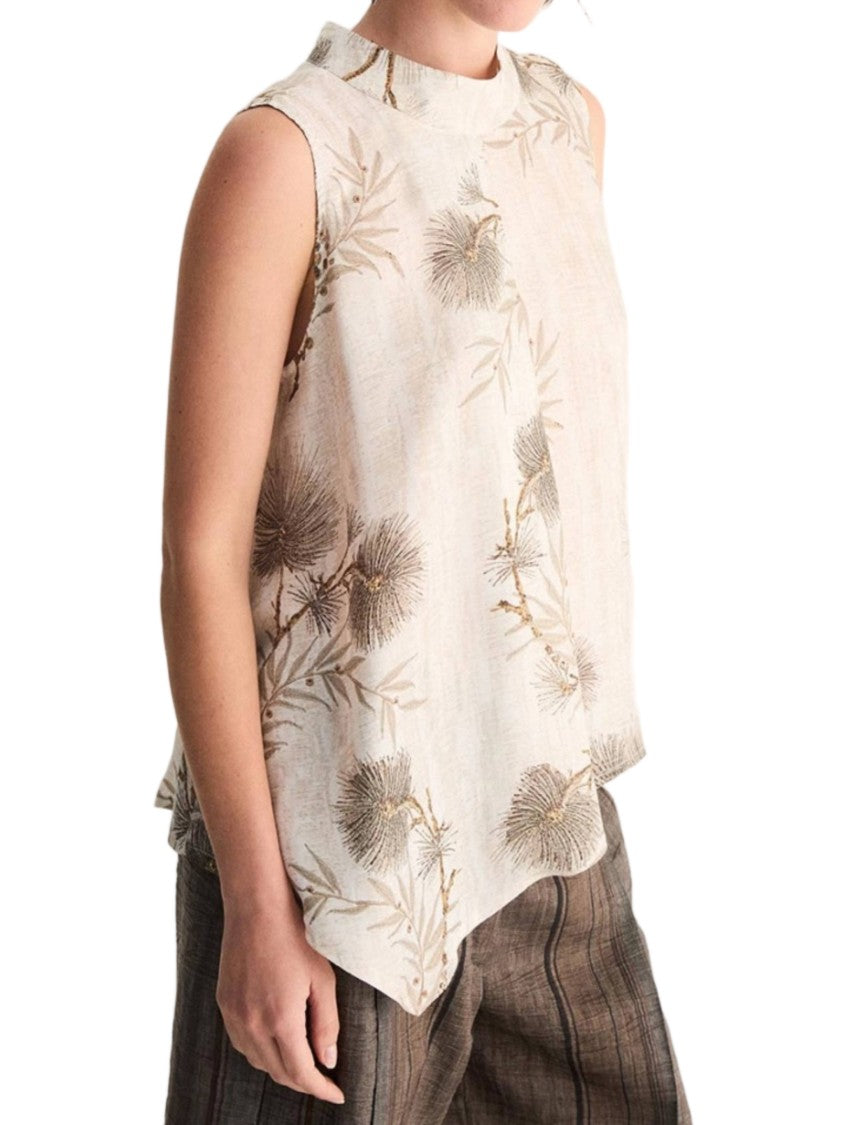 Biancalancia Sleeveless Asymmetrical Botanical Print Top