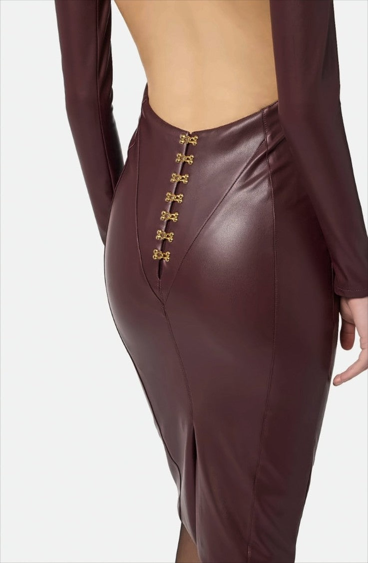 Elisabetta Franchi Burgundy Bodycon Midi Dress With Porthole Detail