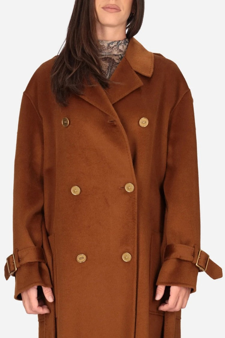 Elisabetta Franchi Cognac Double-Breasted Belted Wool Trench Coat