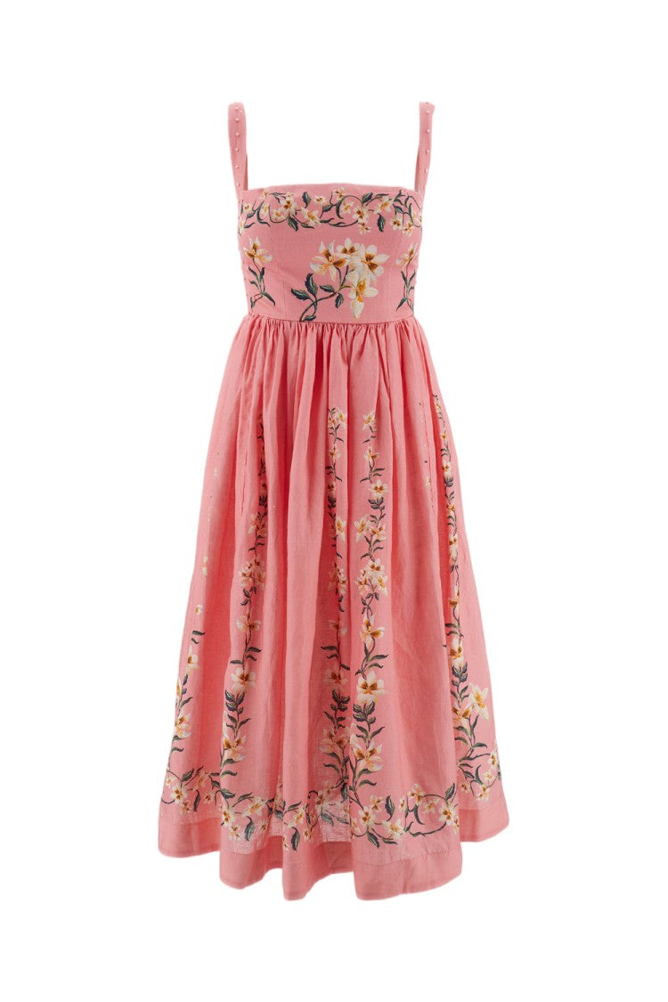 Agua By Agua Bendita Pink Mielero Floral Linen Dress