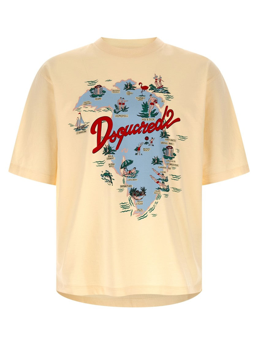 Dsquared2 Asymmetric Hem Cotton Jersey T-Shirt With Graphic Map Print