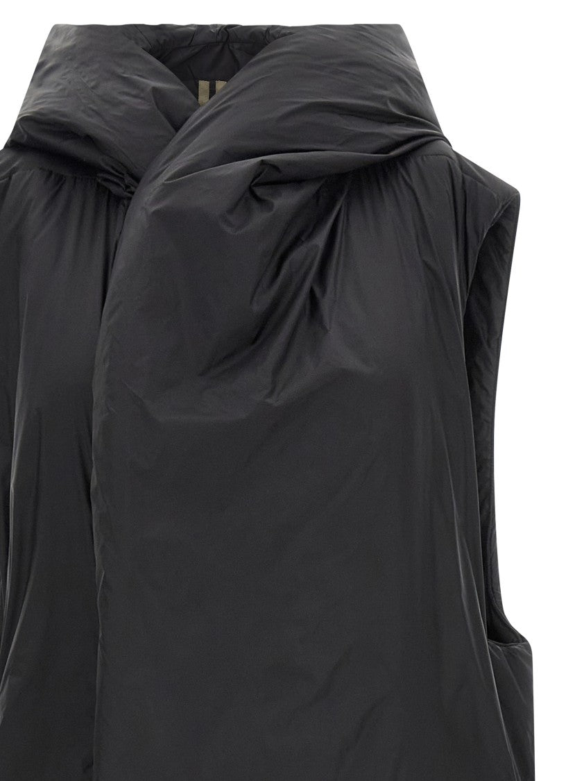 Drkshdw Padded Black Long Vest With Asymmetric Closure And Hood