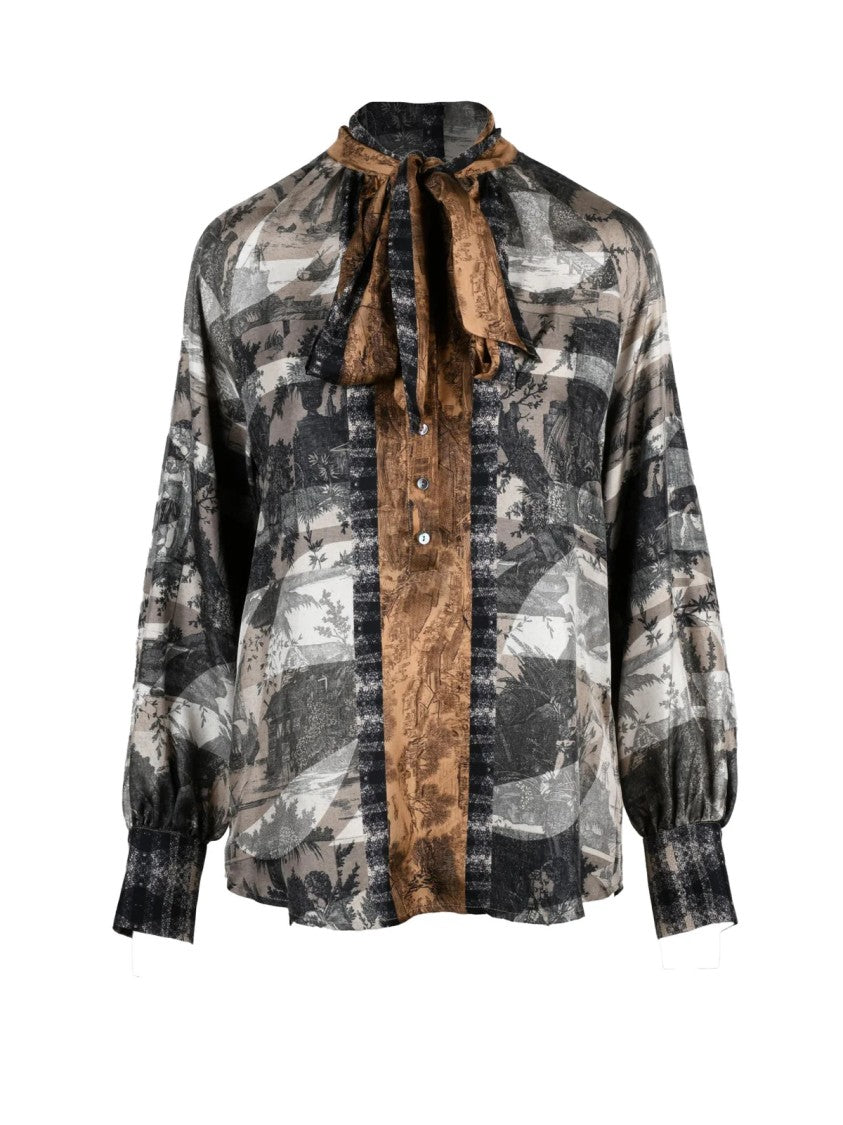 Pierre-Louis Mascia Beige/Grey Bow Neck Silk Blouse