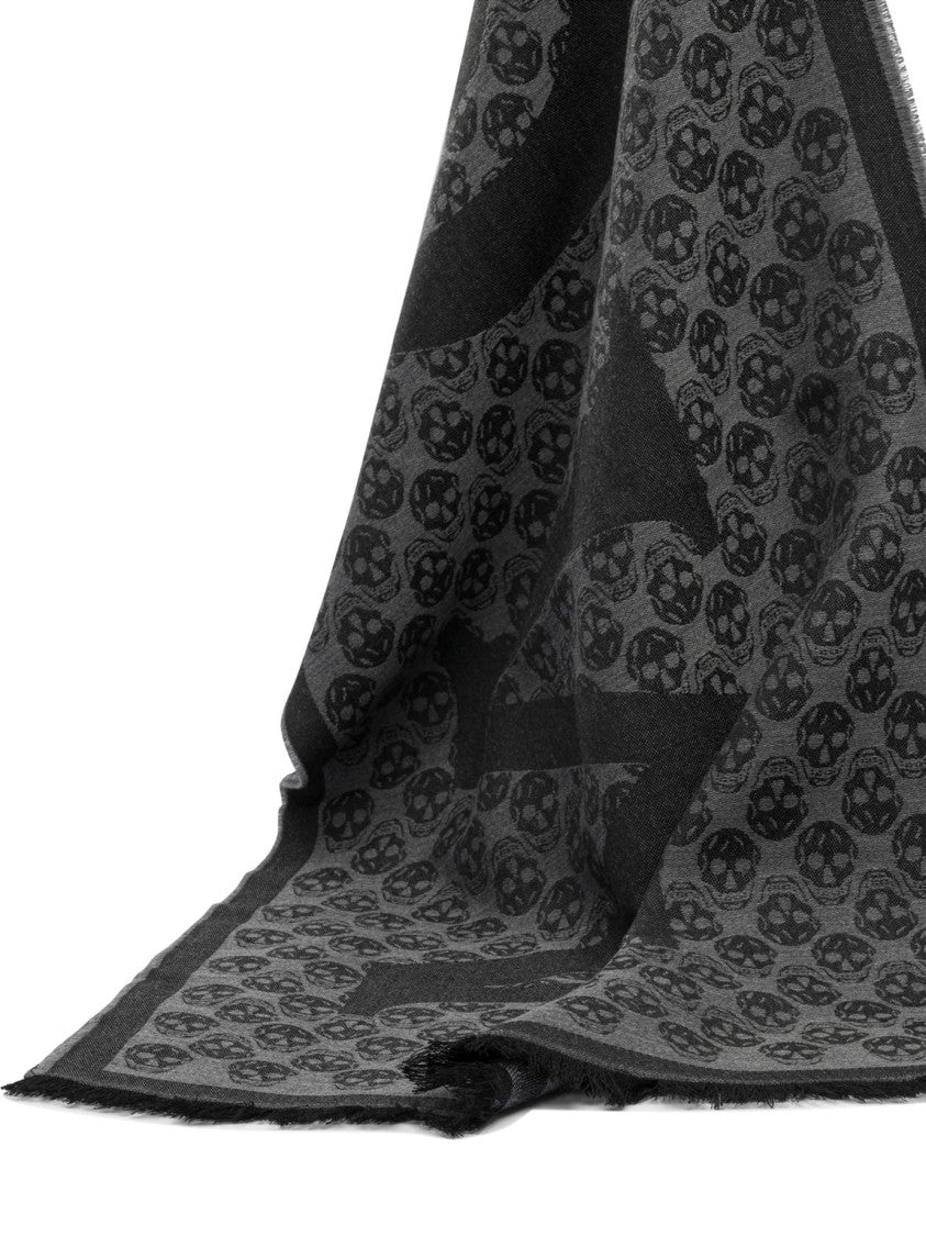 Alexander Mcqueen Multi-Logo Wool Scarf With Fringed Edges