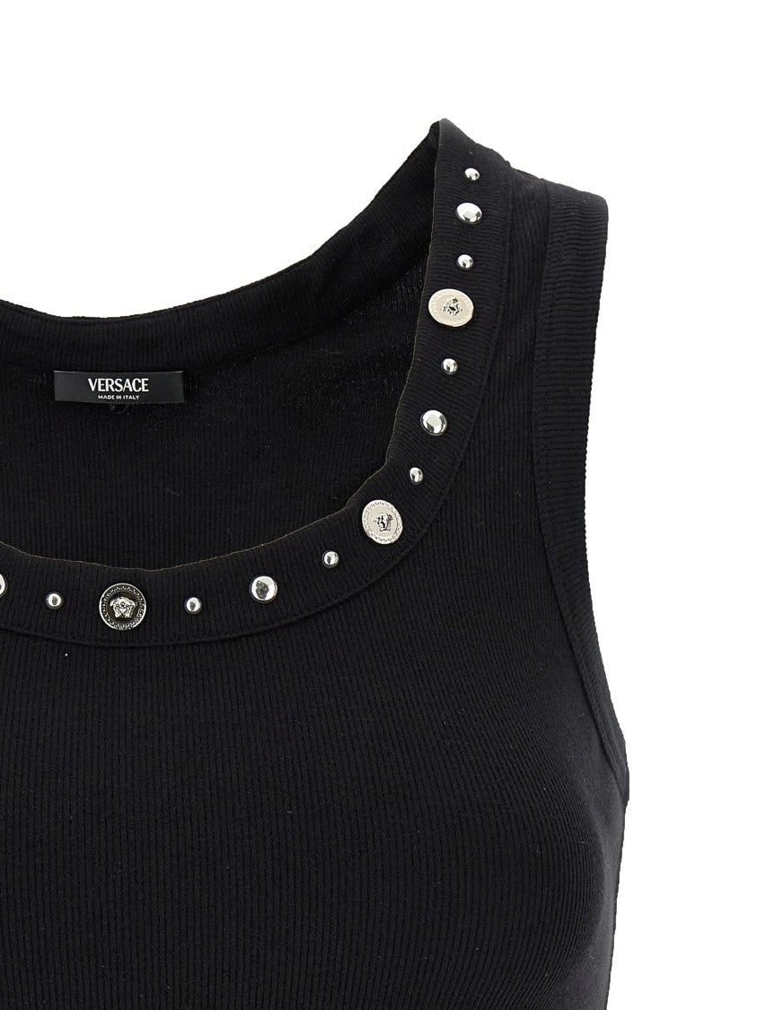 Versace Black Ribbed Studded Decorative Button Top