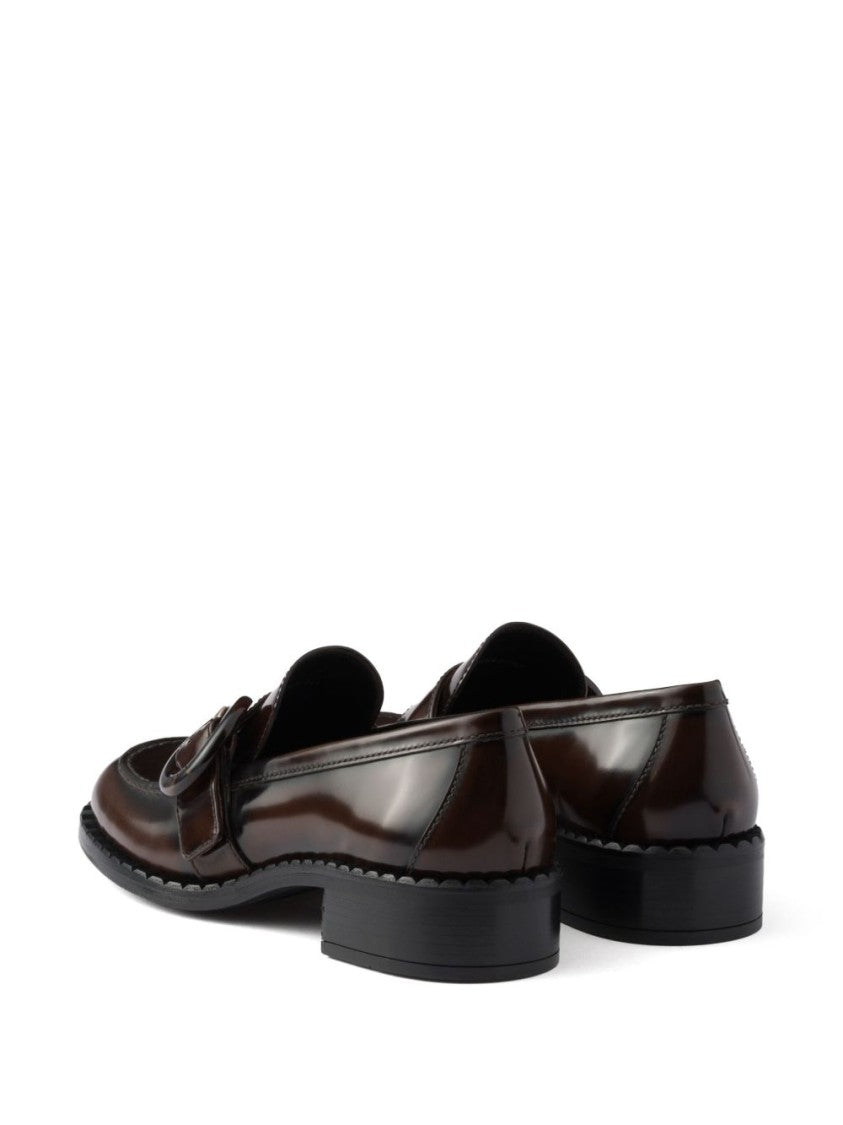 Prada Polished Brown Flat Shoes With Decorative Buckle