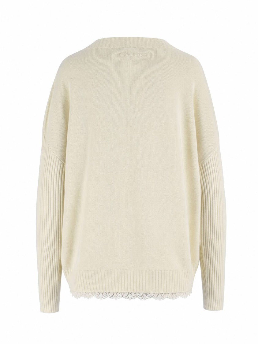Ermanno Scervino Soft Knit Lace Trim Ribbed Sweater
