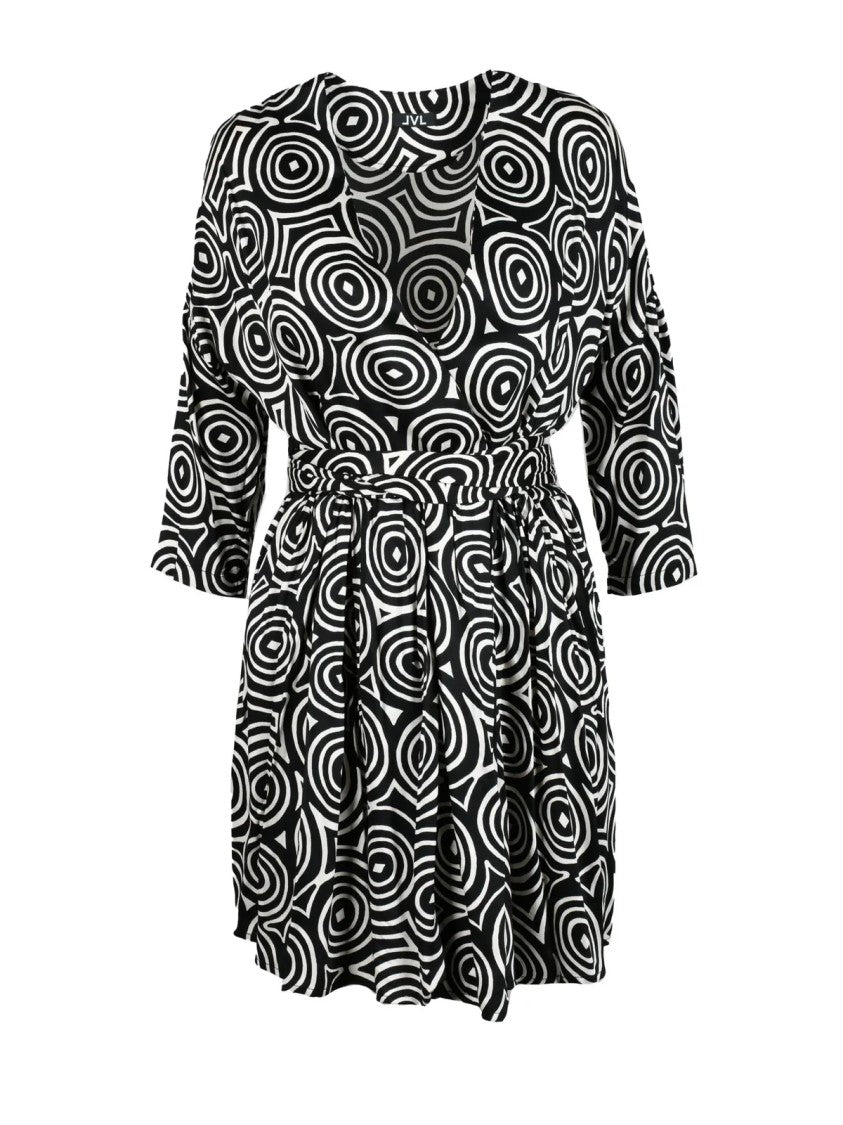 Lvl Level Vibes Level Black/White Patterned Cinched Waist Viscose Mini Dress