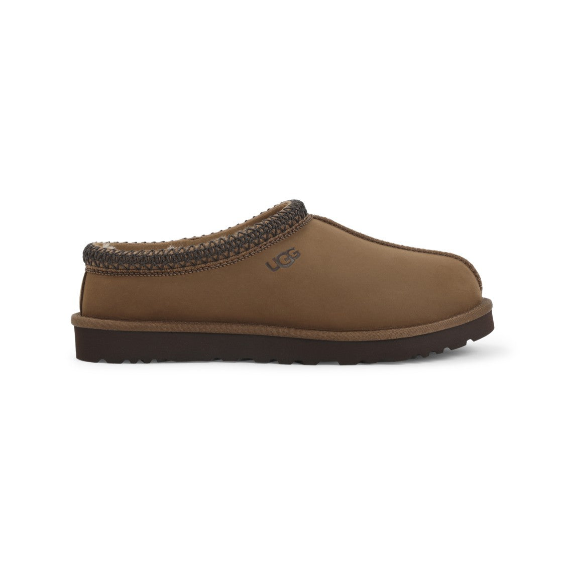 Ugg Brown Leather Slippers With Textured Trim And Easy Slip-On Design