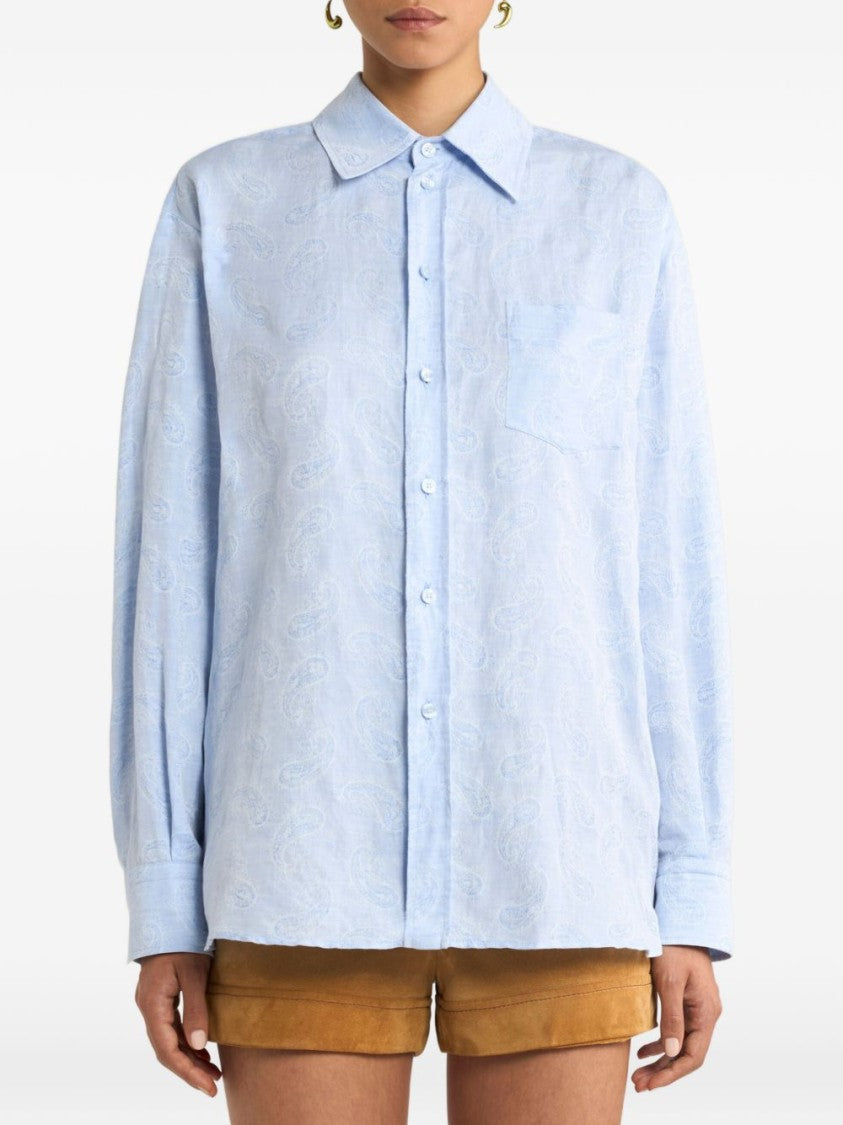 Etro Light Blue Linen-Cotton Shirt With Iconic Paisley Print