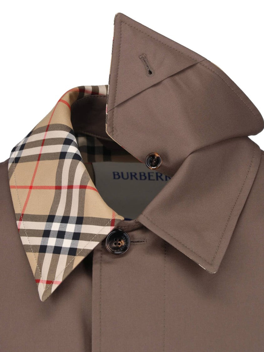 Burberry Brown Button-Up Jacket With Distinctive Plaid Lining