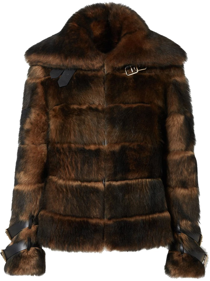 Fendi Structured Dark Brown Shearling Jacket With Buckle Details