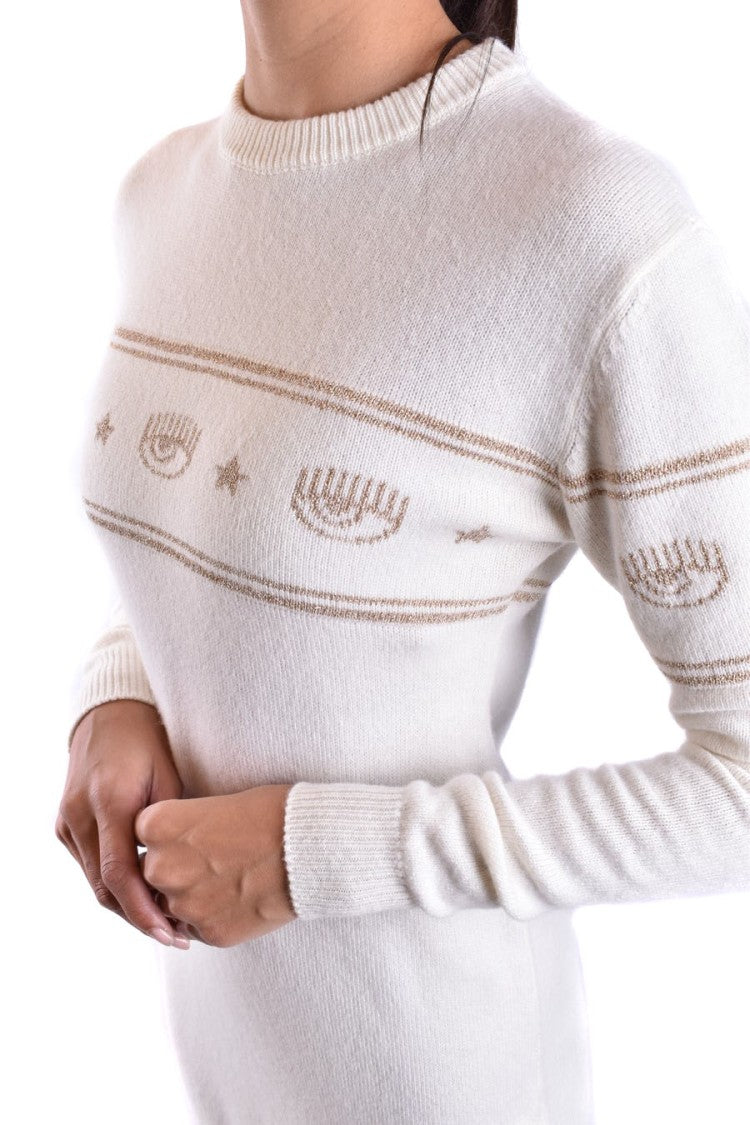 Chiara Ferragni White Knit Dress With Decorative Eye