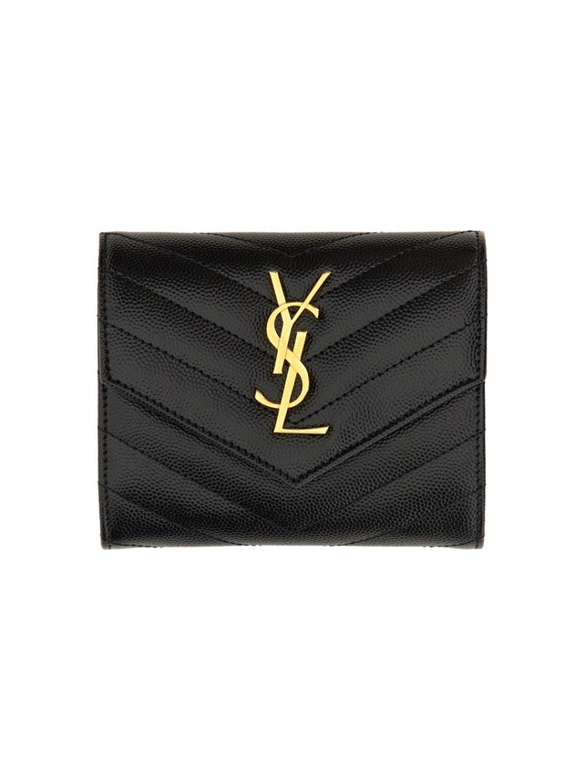 Saint Laurent Chevron Quilted Calfskin Tri-Fold Wallet With Metallic Emblem