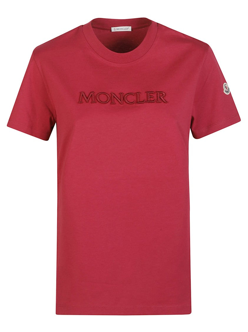 Moncler Red Logo Embroidered Cotton T-Shirt