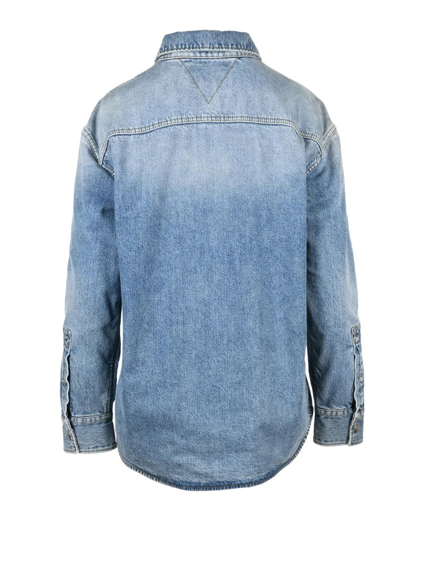 Bottega Veneta Light Blue Straight Fit Snap Button Cotton Denim Shirt