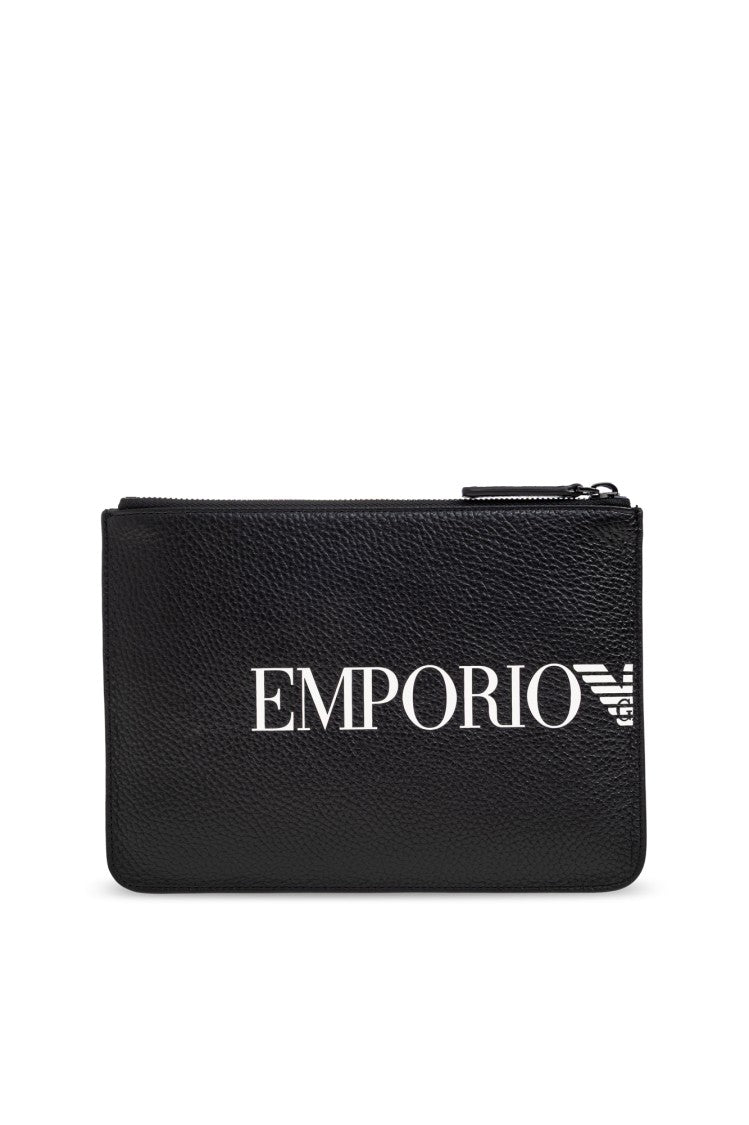 Emporio Armani Textured Leather Hand Bag With Bold Logo Prints